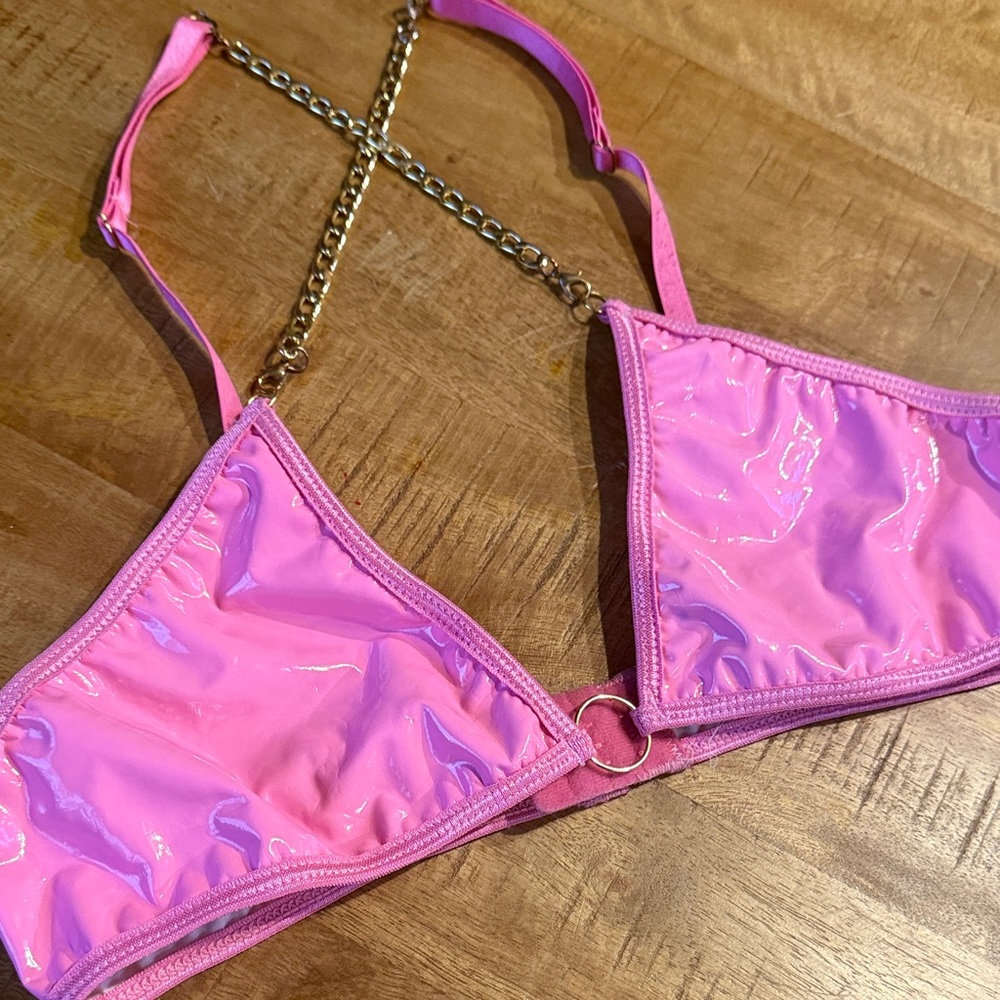 Bright bubblegum kink Pink Chain Strap Bikini Top cross front shiney latex look